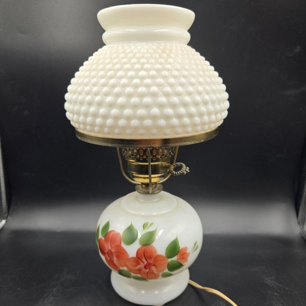 Vintage 14" Hobnail Milk Glass‎ Hurricane Hand Painted Floral Brass Table Lamp